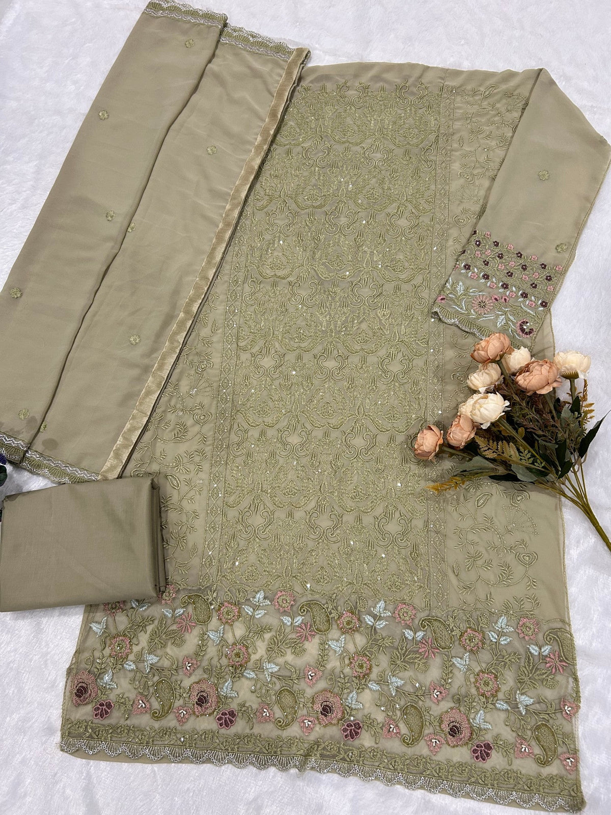 Anaita Green Fox Georgette Suit with Embroidery & Sequence Work | Grocsy