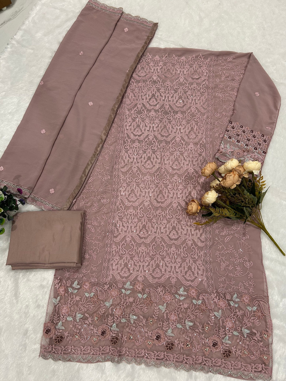 Anaita Lavender Fox Georgette Suit with Embroidery & Sequence Work | Grocsy