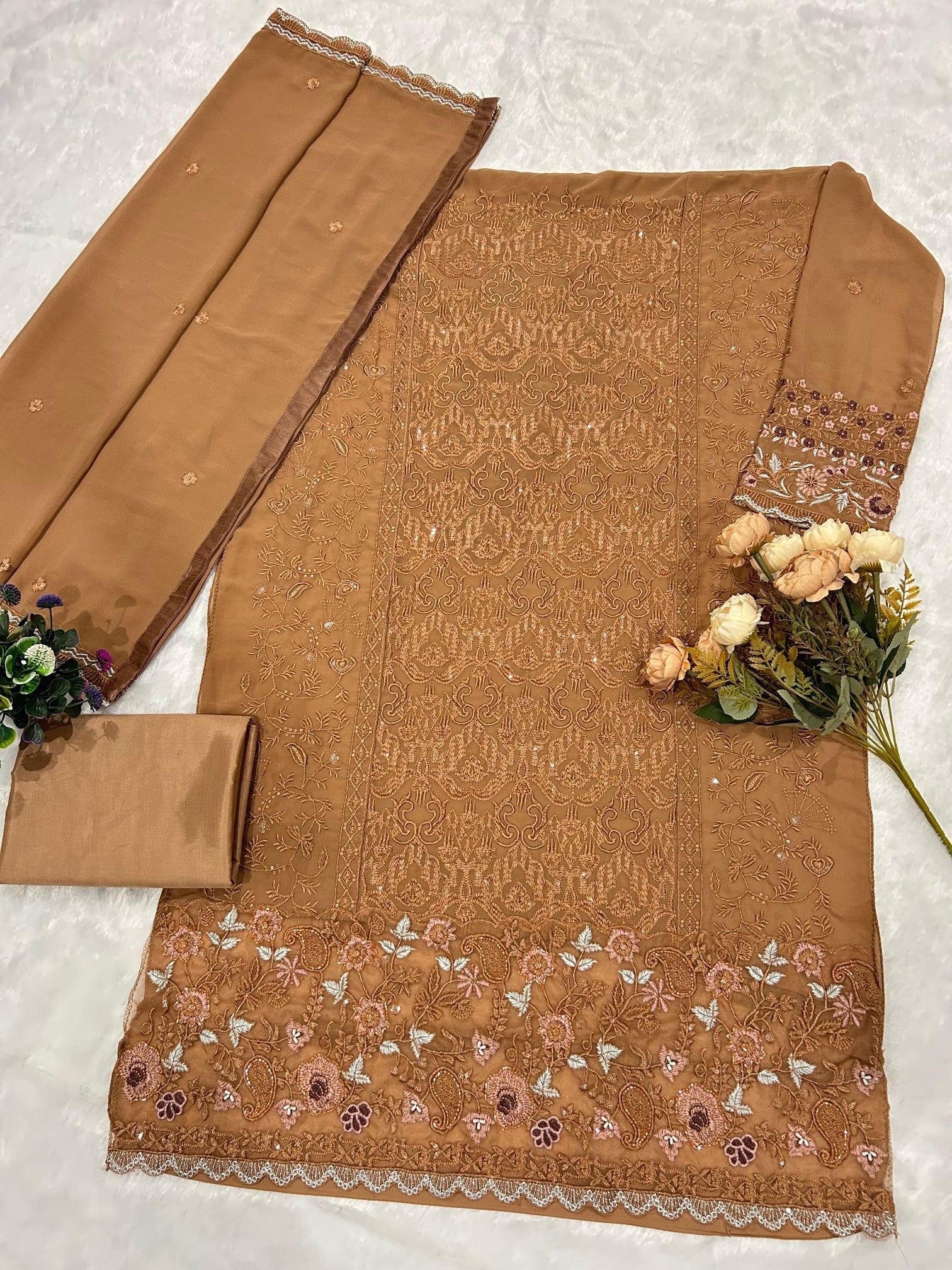 Anaita Brown Fox Georgette Suit with Embroidery & Sequence Work | Grocsy