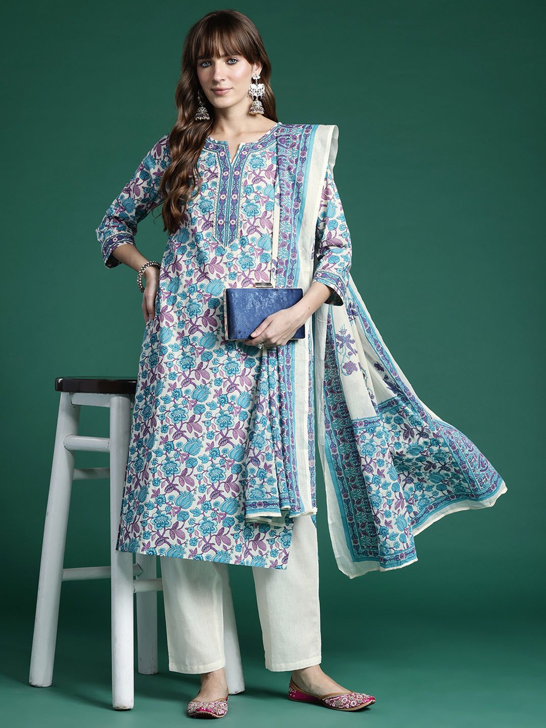 Indo Era Floral Printed Regular Pure Cotton Kurta with Trousers & Dupatta | Grocsy