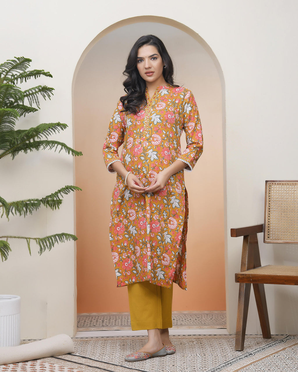 Vaasva Women Mustard Cotton Printed Straight Kurti | Grocsy