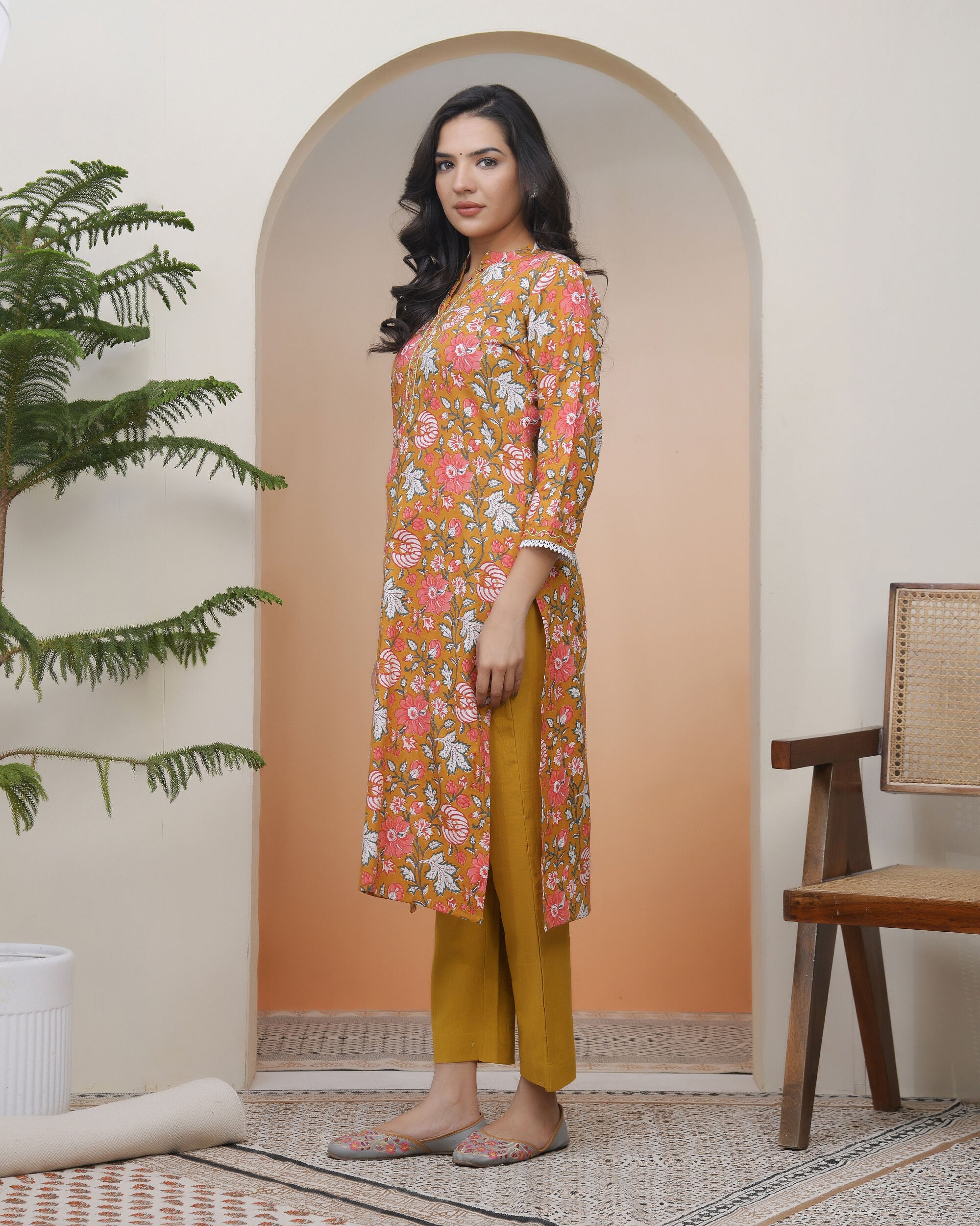 Vaasva Women Mustard Cotton Printed Straight Kurti | Grocsy