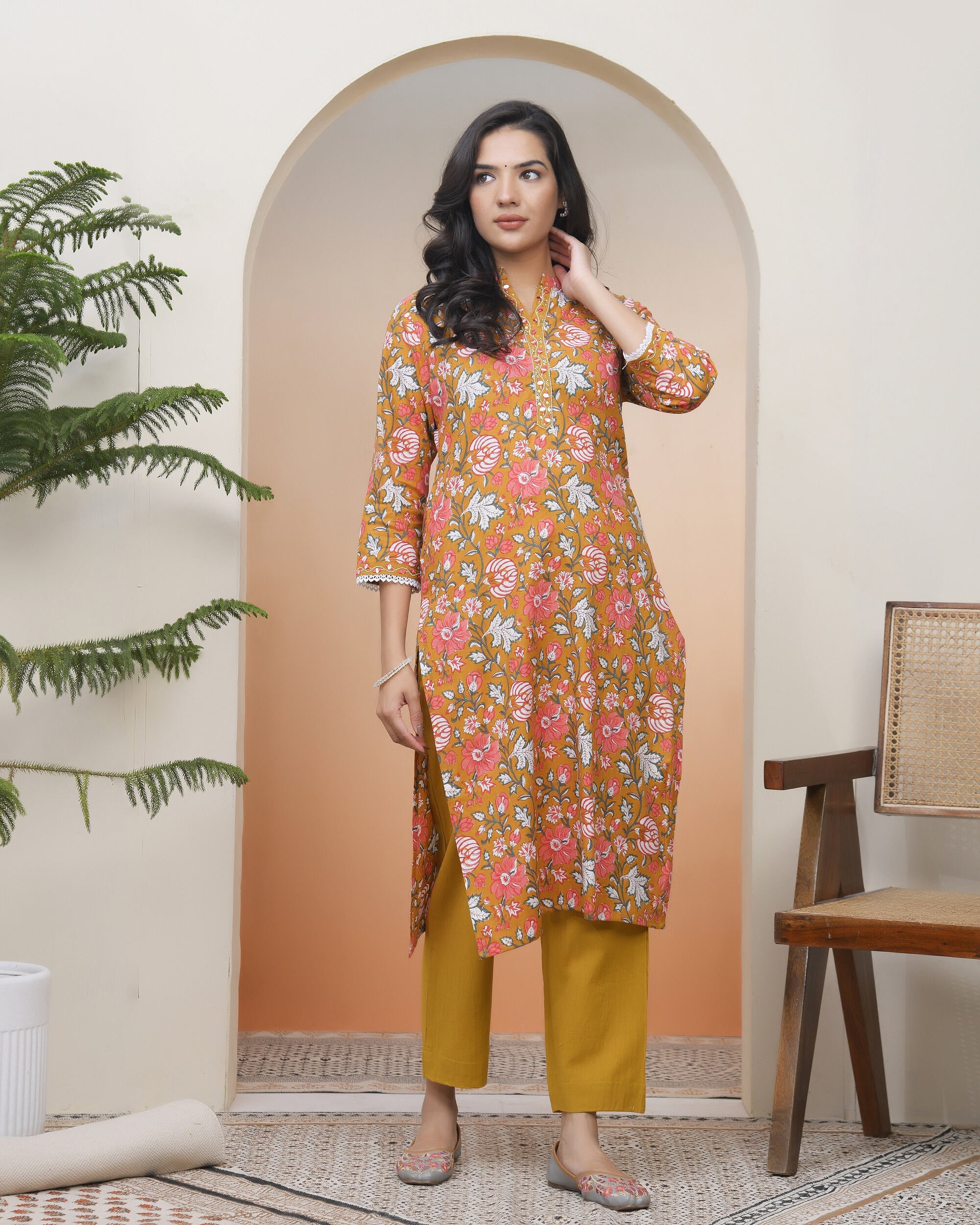 Vaasva Women Mustard Cotton Printed Straight Kurti | Grocsy