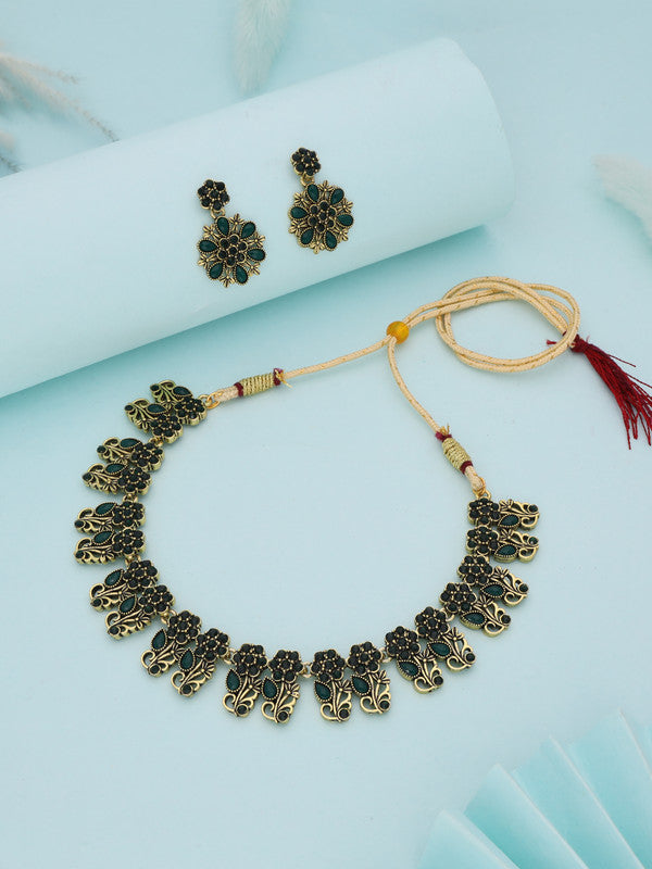 Tehzeeb Creations Luxurious Gold Polished Green Colour Choker Necklace Set With Matching Earrings | Grocsy