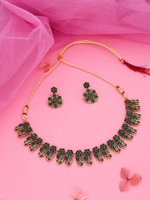 Tehzeeb Creations Luxurious Gold Polished Green Colour Choker Necklace Set With Matching Earrings | Grocsy