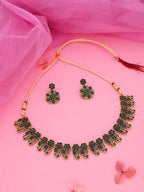 Tehzeeb Creations Luxurious Gold Polished Green Colour Choker Necklace Set With Matching Earrings | Grocsy
