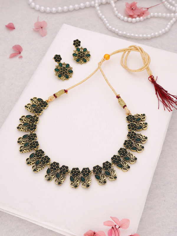 Tehzeeb Creations Luxurious Gold Polished Green Colour Choker Necklace Set With Matching Earrings | Grocsy
