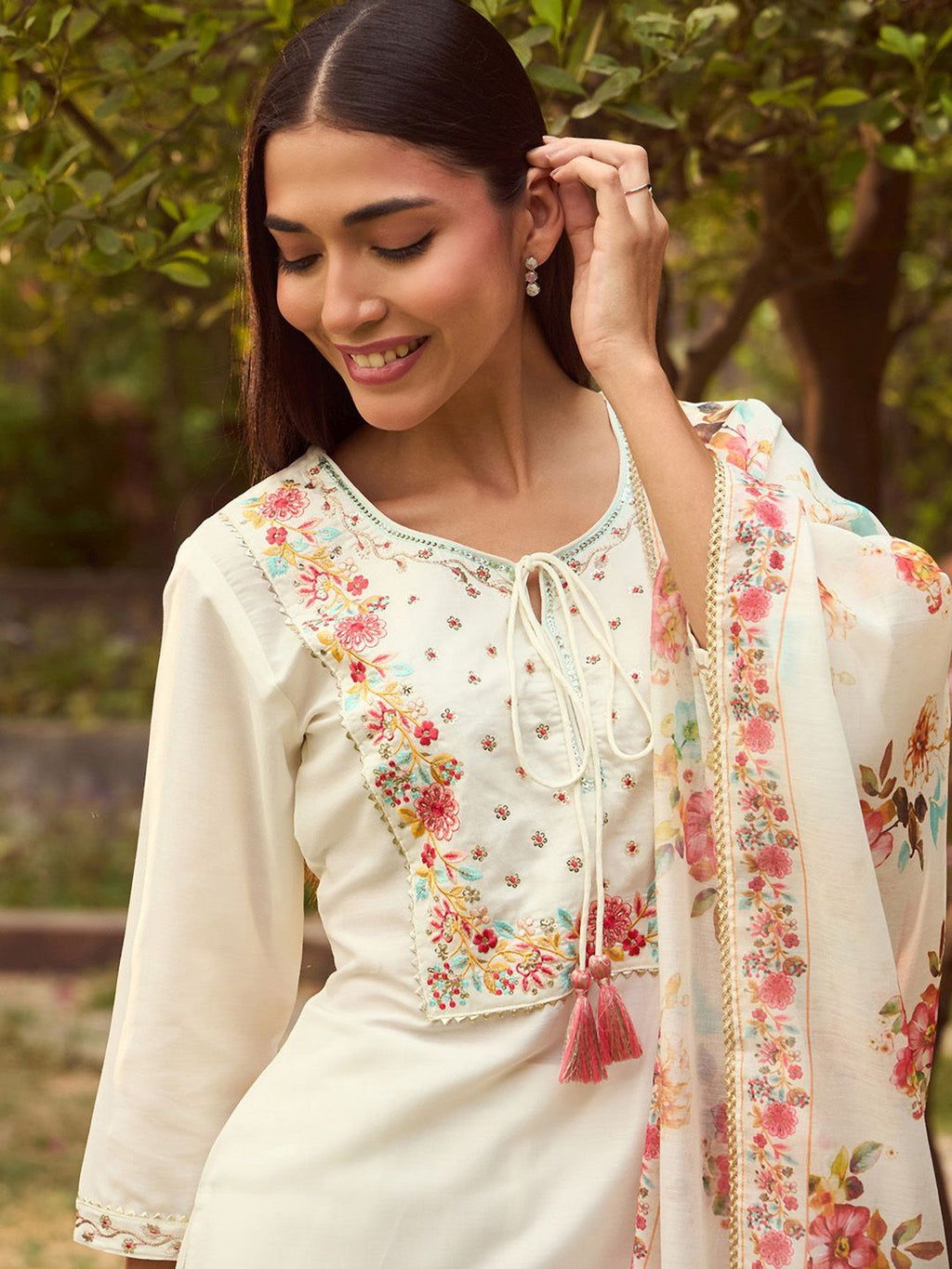 Indo Era White Floral Yoke Design Tie-Up Neck Straight Kurta With Trousers & Dupatta | Grocsy