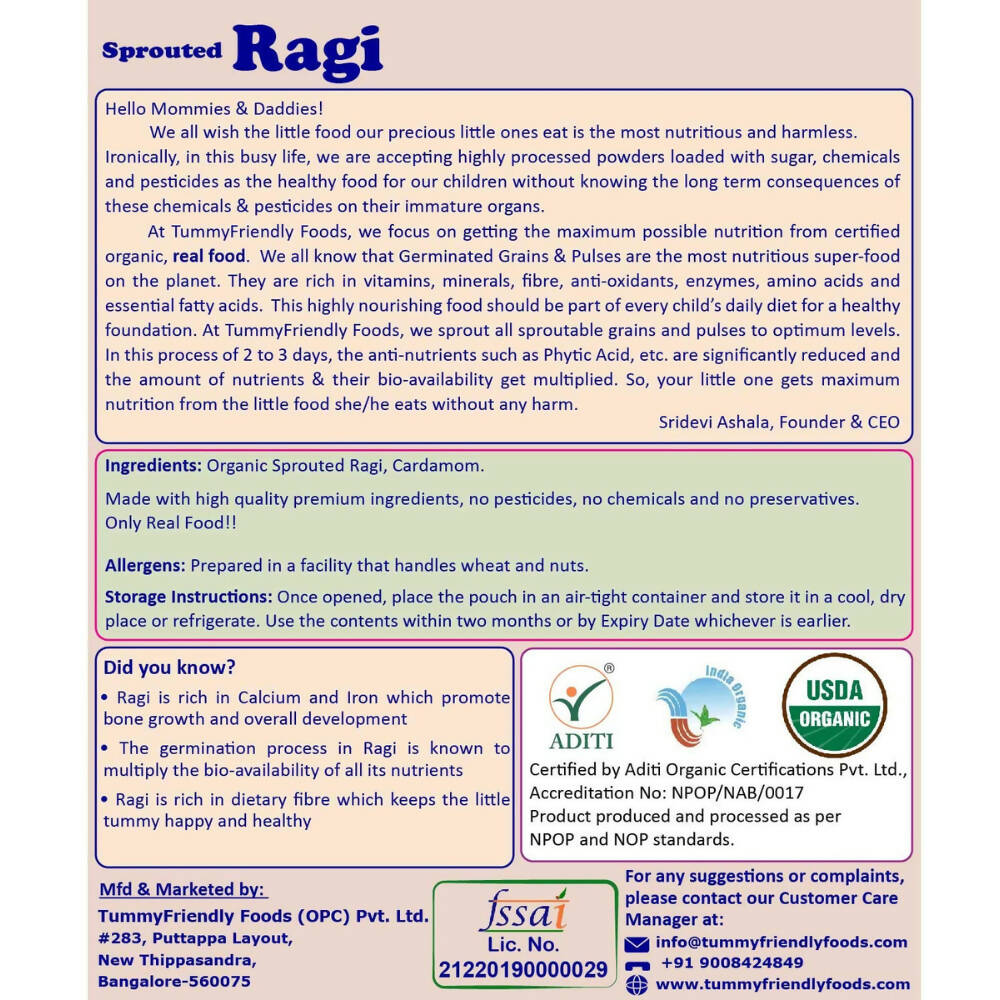 TummyFriendly Foods Certified Organic Sprouted Ragi Porridge Mix | Grocsy