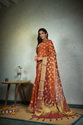 Vardha Marmalade Orange Golden Zari Banarasi Chiffon Saree | Grocsy
