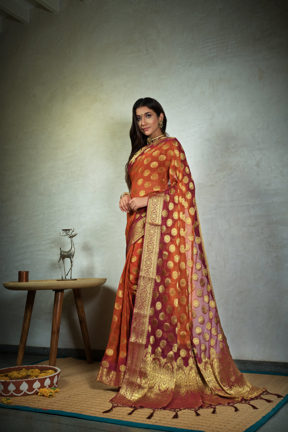 Vardha Marmalade Orange Golden Zari Banarasi Chiffon Saree | Grocsy