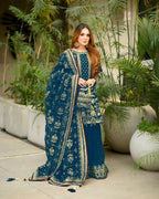 Anaita Teal Faux Georgette Readymade Suit with Embroidery & Moti Work | Grocsy
