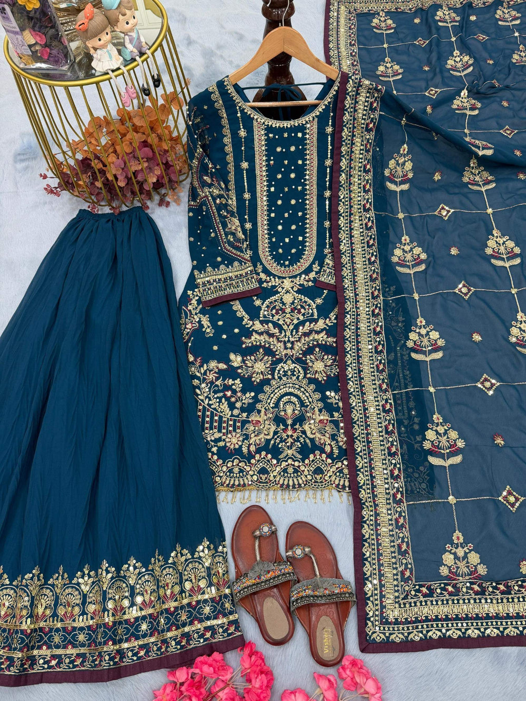 Anaita Teal Faux Georgette Readymade Suit with Embroidery & Moti Work | Grocsy