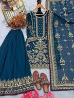 Anaita Teal Faux Georgette Readymade Suit with Embroidery & Moti Work | Grocsy