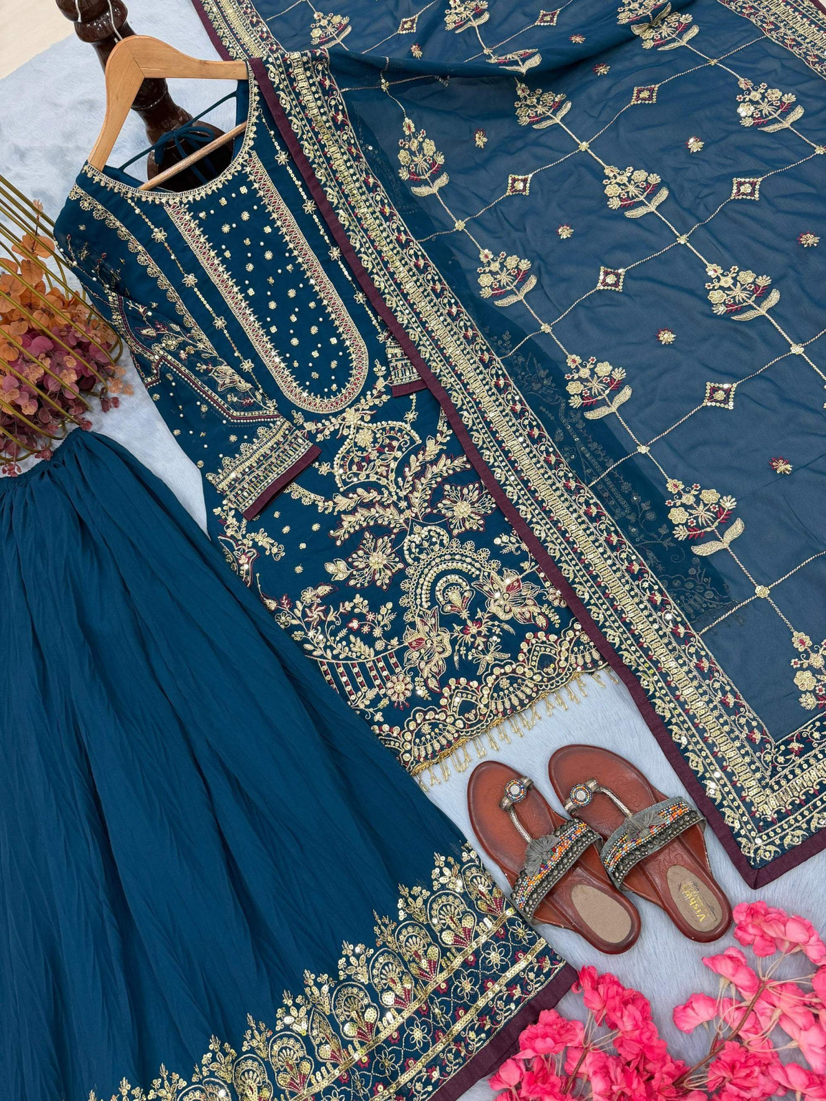 Anaita Teal Faux Georgette Readymade Suit with Embroidery & Moti Work | Grocsy