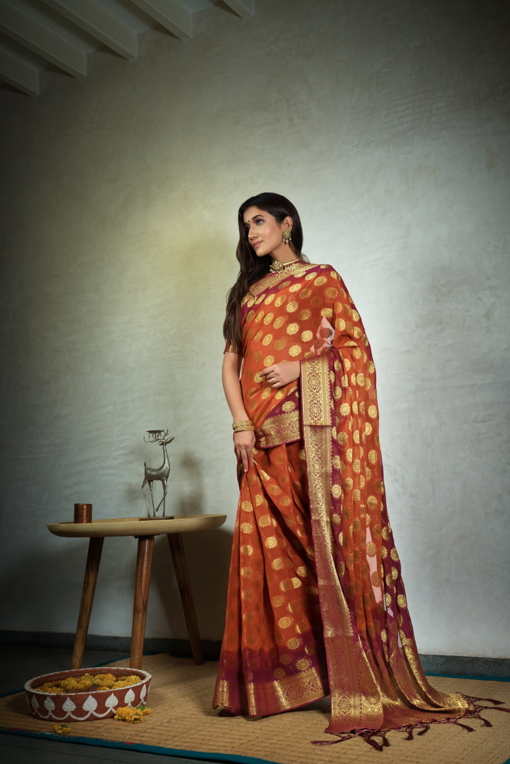 Vardha Marmalade Orange Golden Zari Banarasi Chiffon Saree | Grocsy