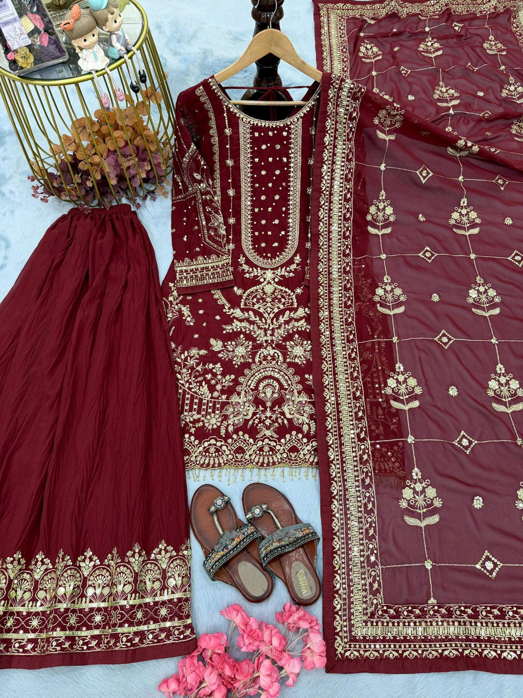 Anaita Maroon Faux Georgette Readymade Suit with Embroidery & Moti Work | Grocsy