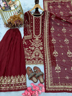Anaita Maroon Faux Georgette Readymade Suit with Embroidery & Moti Work | Grocsy