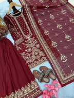 Anaita Maroon Faux Georgette Readymade Suit with Embroidery & Moti Work | Grocsy