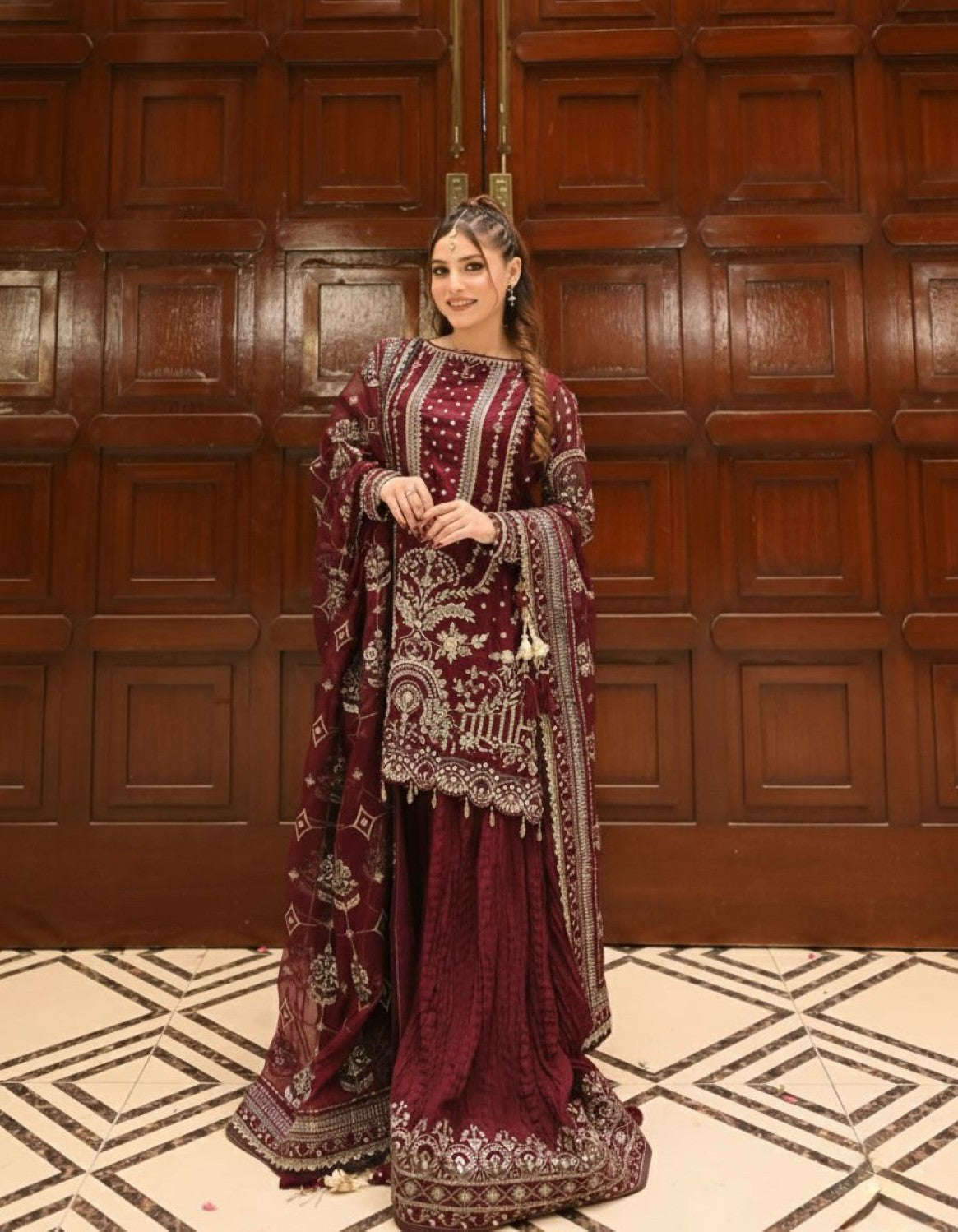 Anaita Maroon Faux Georgette Readymade Suit with Embroidery & Moti Work | Grocsy