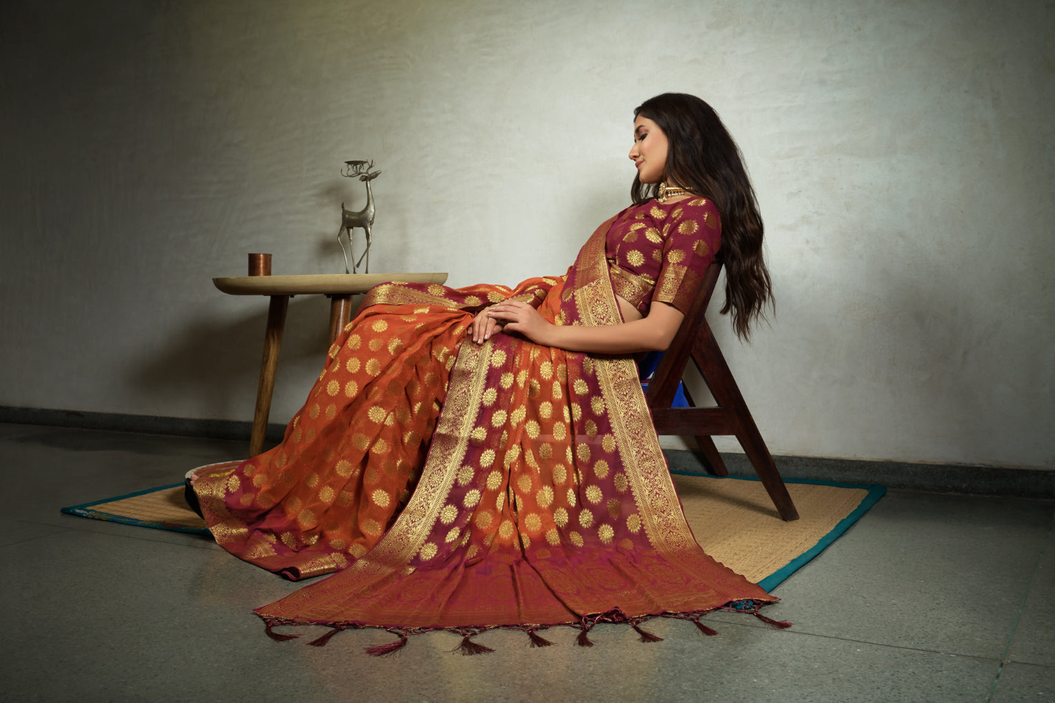 Vardha Marmalade Orange Golden Zari Banarasi Chiffon Saree | Grocsy