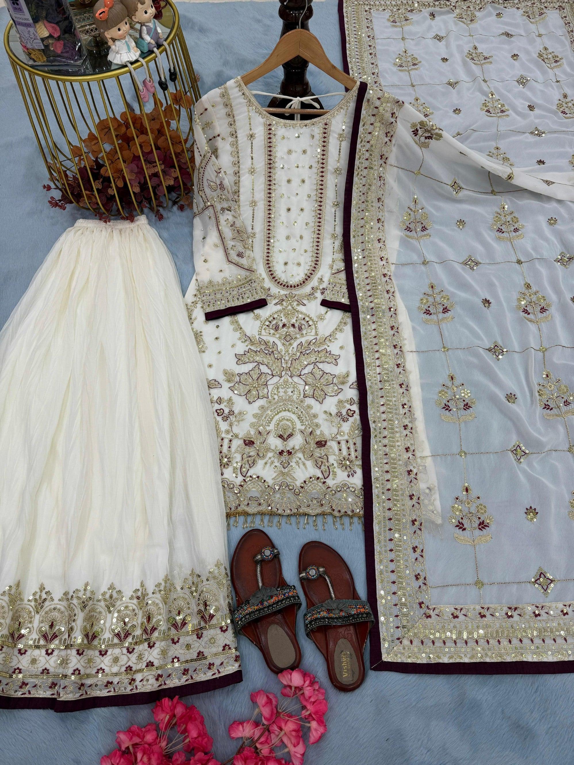 Anaita Off White Faux Georgette Readymade Suit with Embroidery & Moti Work | Grocsy