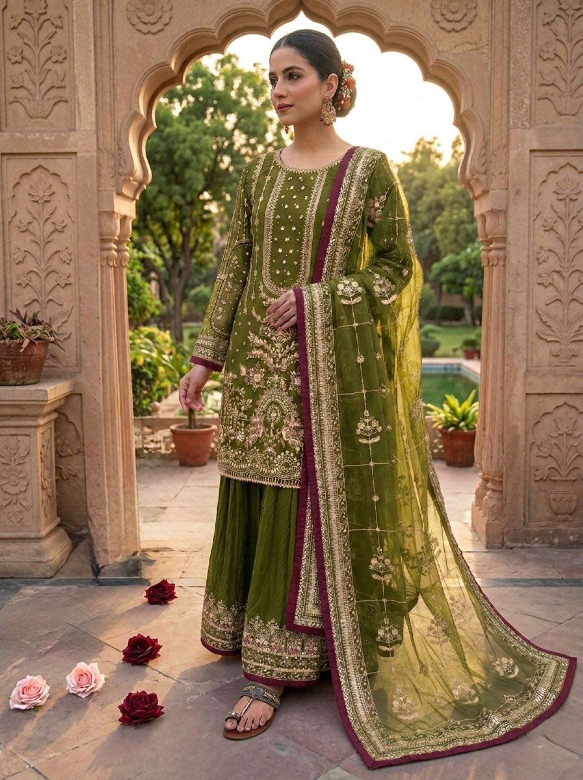 Anaita Mehendi Faux Georgette Readymade Suit with Embroidery & Moti Work | Grocsy
