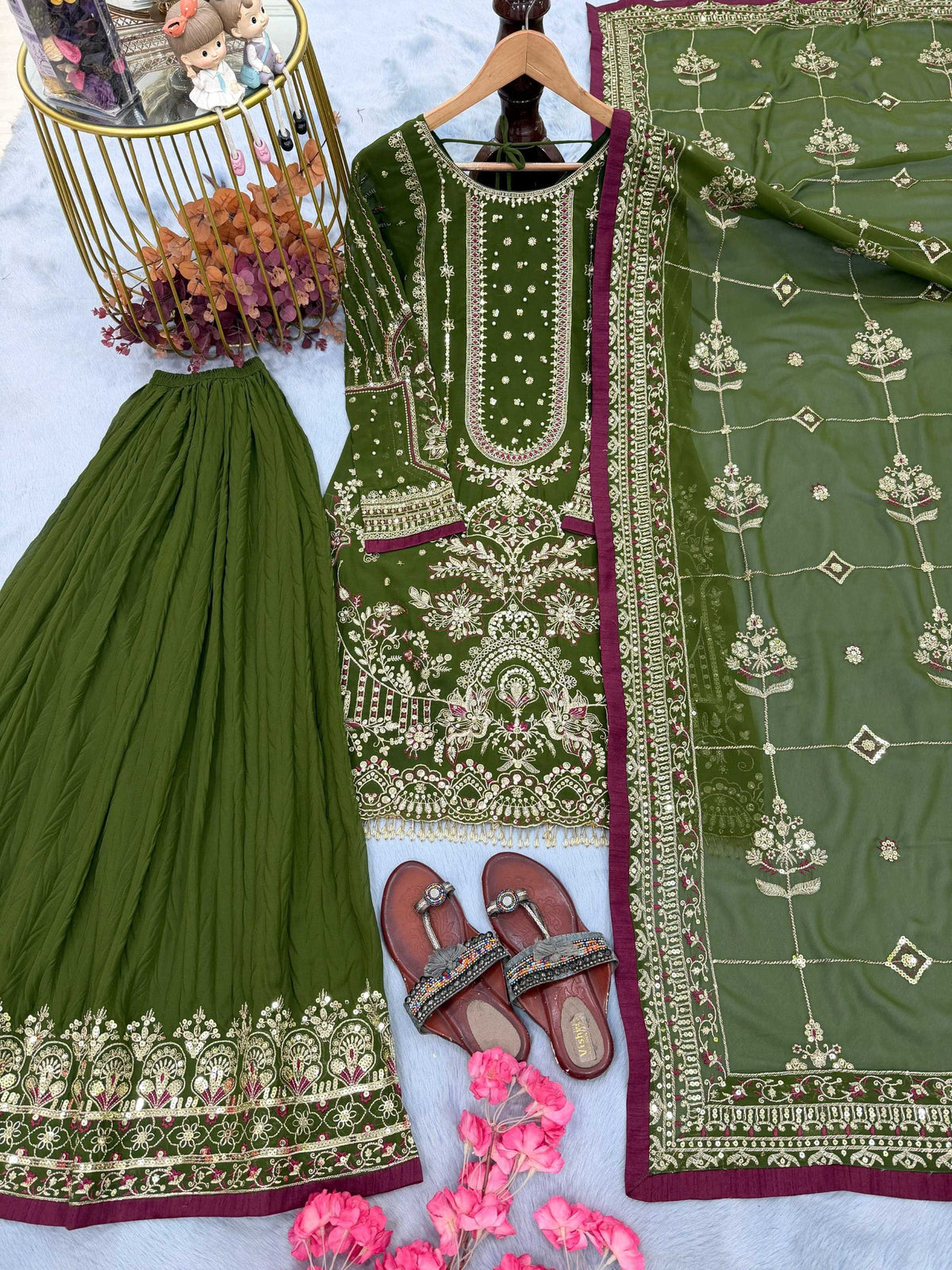 Anaita Mehendi Faux Georgette Readymade Suit with Embroidery & Moti Work | Grocsy