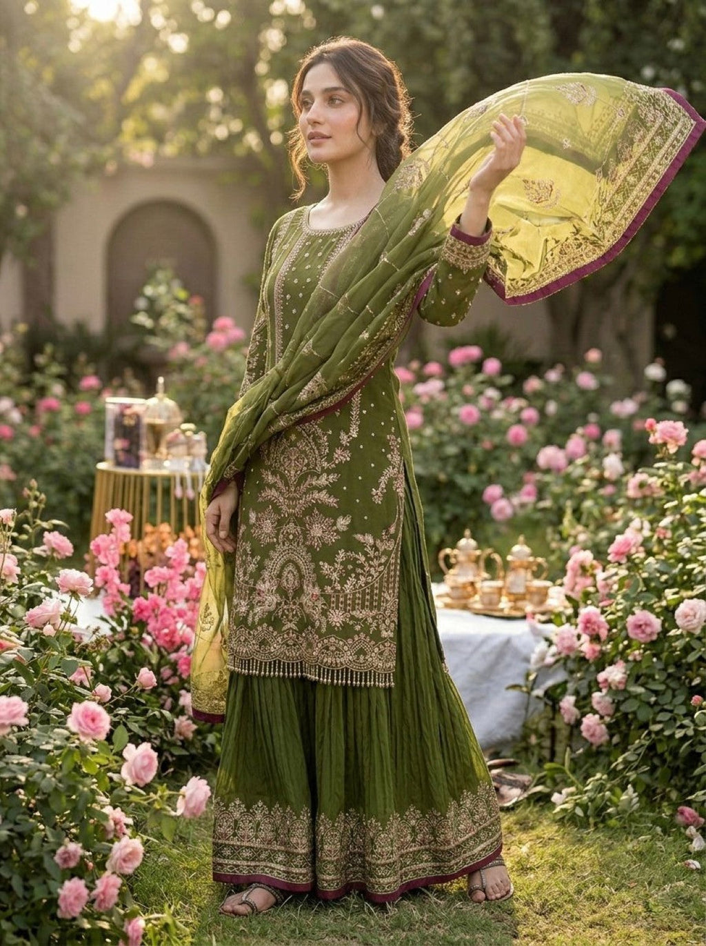 Anaita Mehendi Faux Georgette Readymade Suit with Embroidery & Moti Work | Grocsy