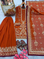 Anaita Orange Faux Georgette Readymade Suit with Embroidery & Moti Work | Grocsy