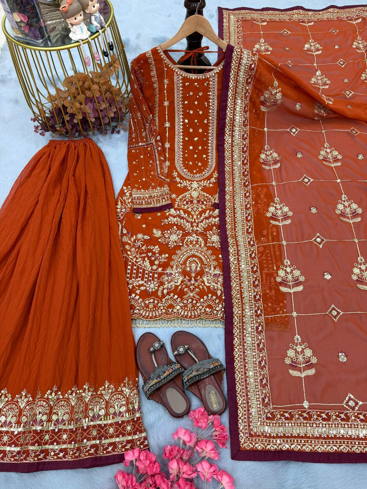 Anaita Orange Faux Georgette Readymade Suit with Embroidery & Moti Work | Grocsy