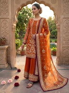 Anaita Orange Faux Georgette Readymade Suit with Embroidery & Moti Work | Grocsy