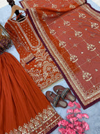 Anaita Orange Faux Georgette Readymade Suit with Embroidery & Moti Work | Grocsy