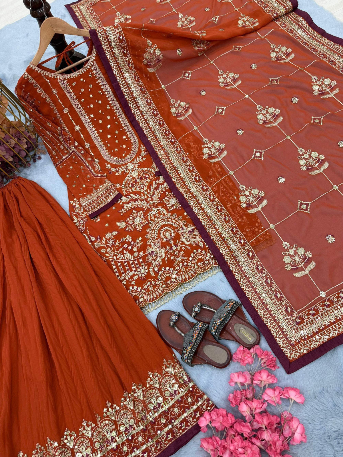 Anaita Orange Faux Georgette Readymade Suit with Embroidery & Moti Work | Grocsy