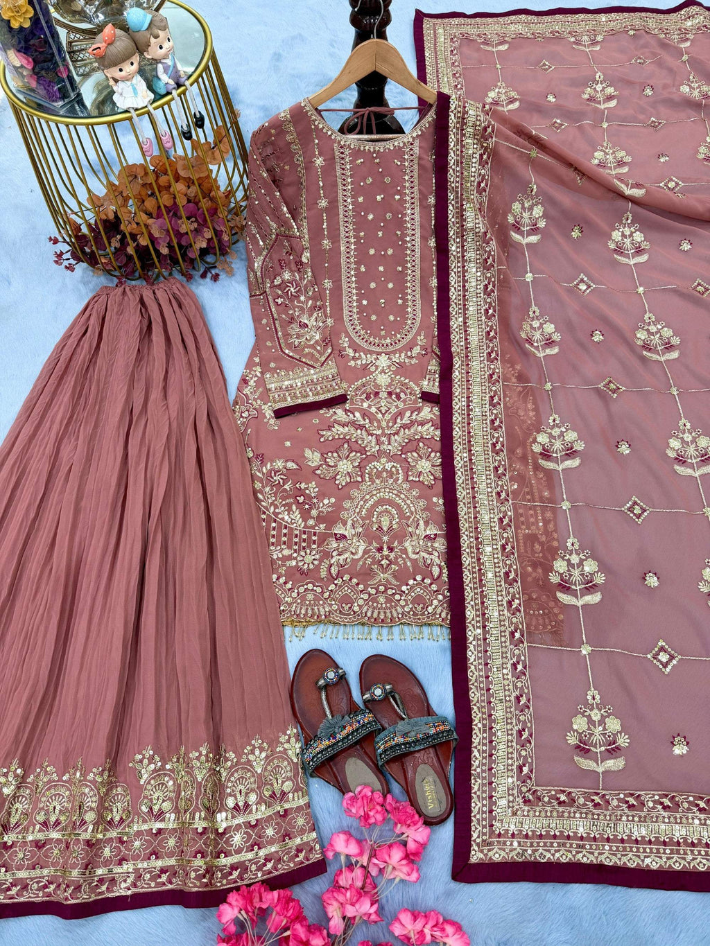 Anaita Pink Faux Georgette Readymade Suit with Embroidery & Moti Work | Grocsy