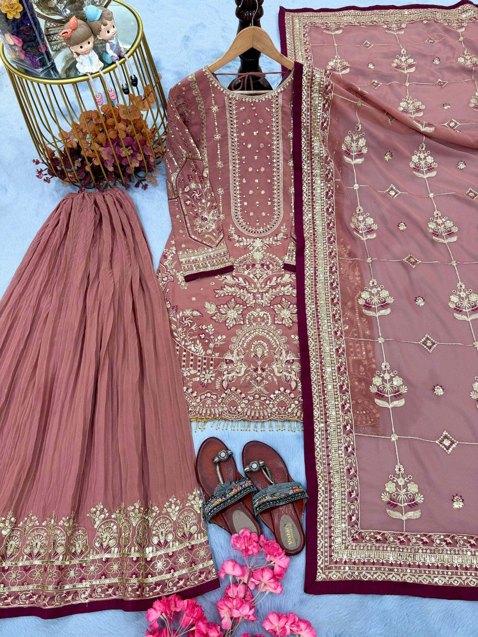 Anaita Pink Faux Georgette Readymade Suit with Embroidery & Moti Work | Grocsy