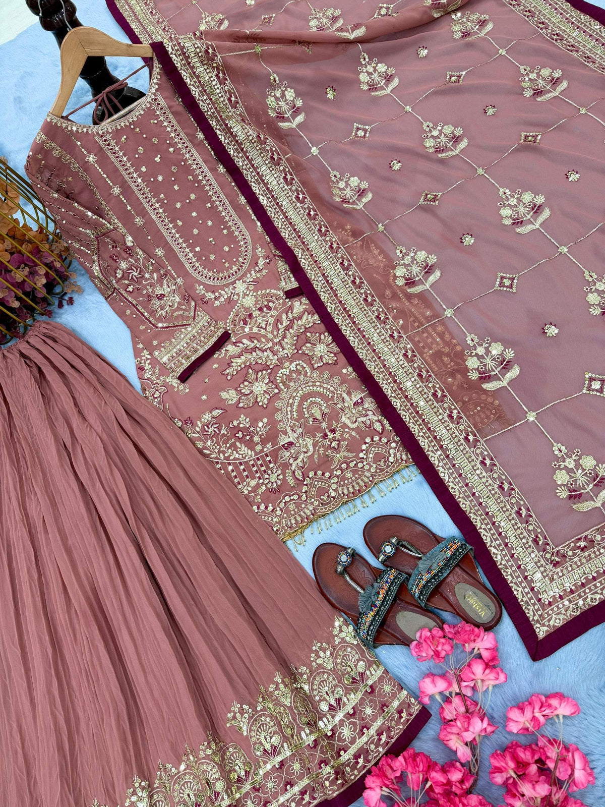 Anaita Pink Faux Georgette Readymade Suit with Embroidery & Moti Work | Grocsy