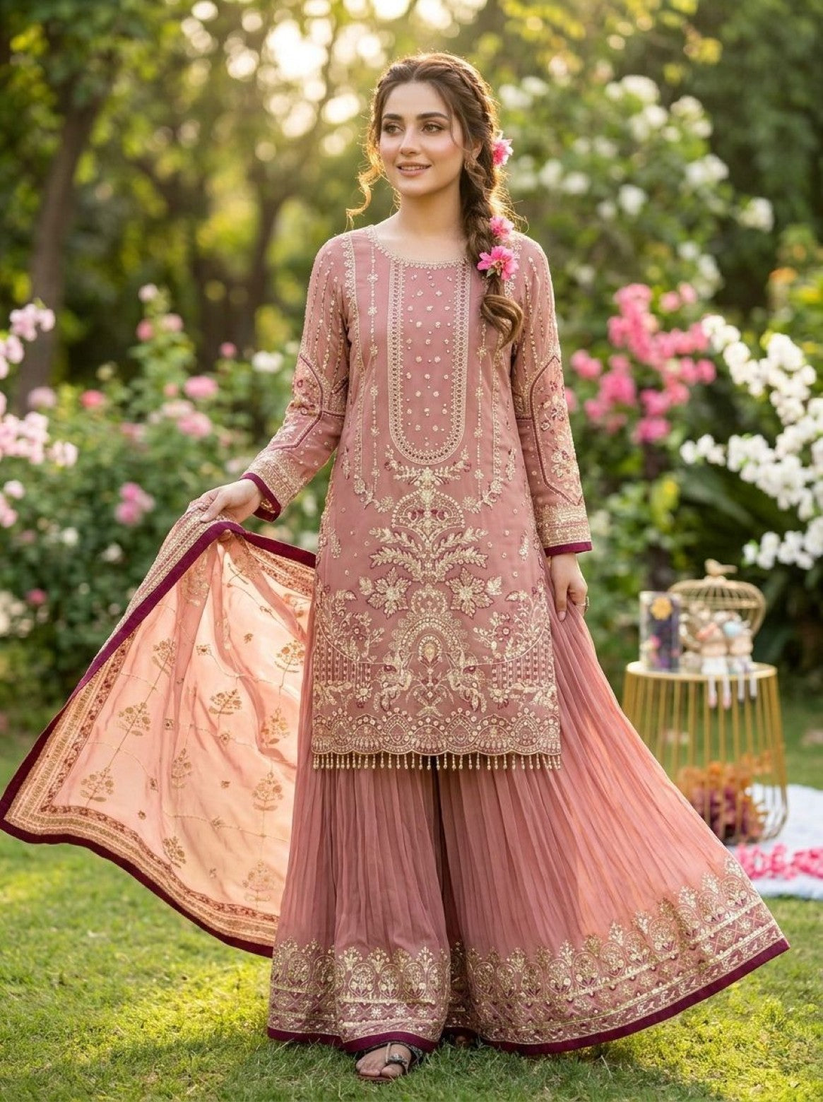 Anaita Pink Faux Georgette Readymade Suit with Embroidery & Moti Work | Grocsy