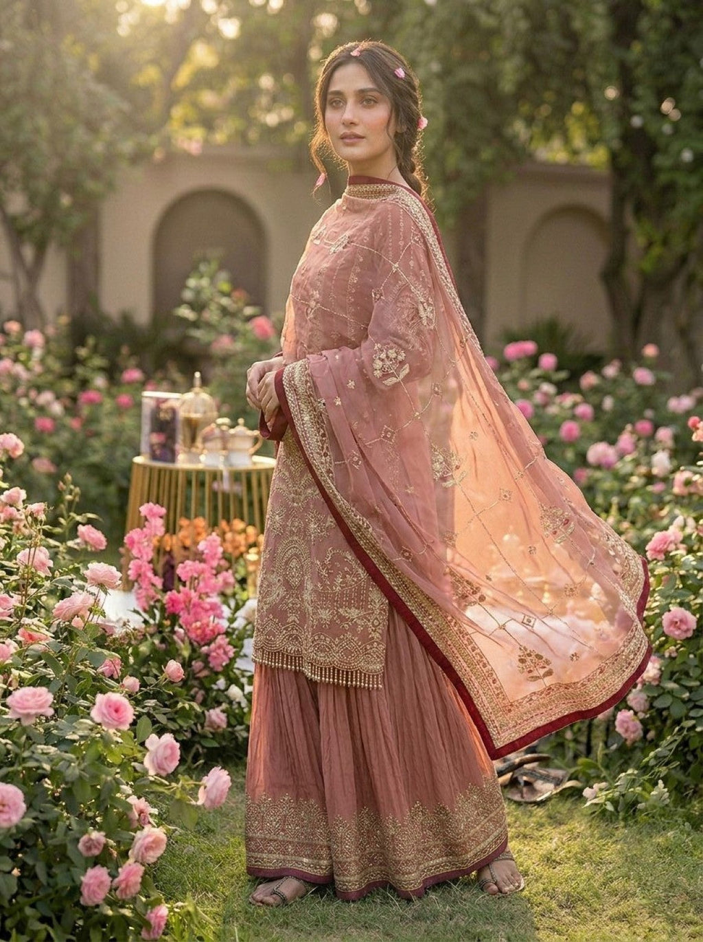 Anaita Pink Faux Georgette Readymade Suit with Embroidery & Moti Work | Grocsy