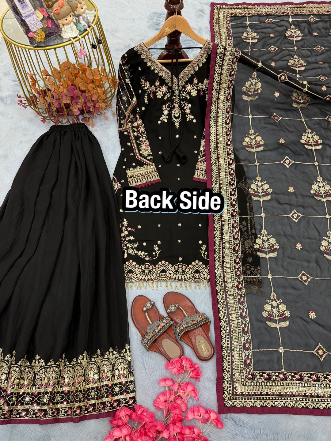 Anaita Black Faux Georgette Readymade Suit with Embroidery & Moti Work | Grocsy