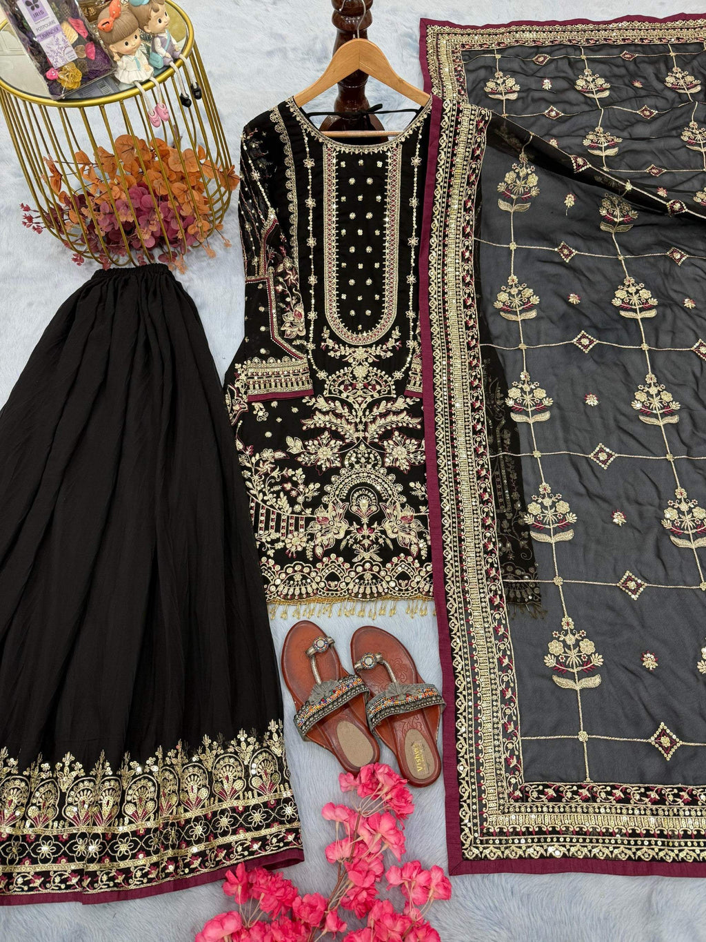 Anaita Black Faux Georgette Readymade Suit with Embroidery & Moti Work | Grocsy