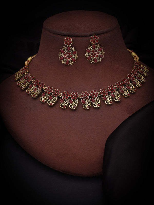 Tehzeeb Creations Luxurious Gold Polished Maroon Colour Choker Necklace Set With Matching Earrings | Grocsy