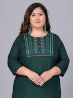 Sztori Plus Size Embroidered Yoke Design Round Neck Three-Quarter Sleeves Straight Kurta | Grocsy