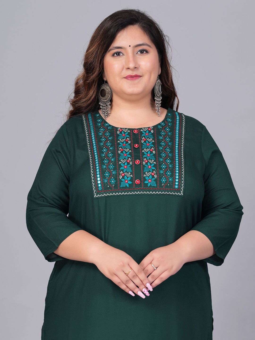 Sztori Plus Size Embroidered Yoke Design Round Neck Three-Quarter Sleeves Straight Kurta | Grocsy