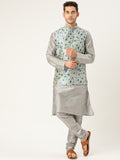 Sojanya Men Grey & Blue Solid Kurta Set with Nehru Jacket | Grocsy