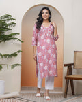 Vaasva Women Nude Pink Cotton Printed Straight Kurti | Grocsy
