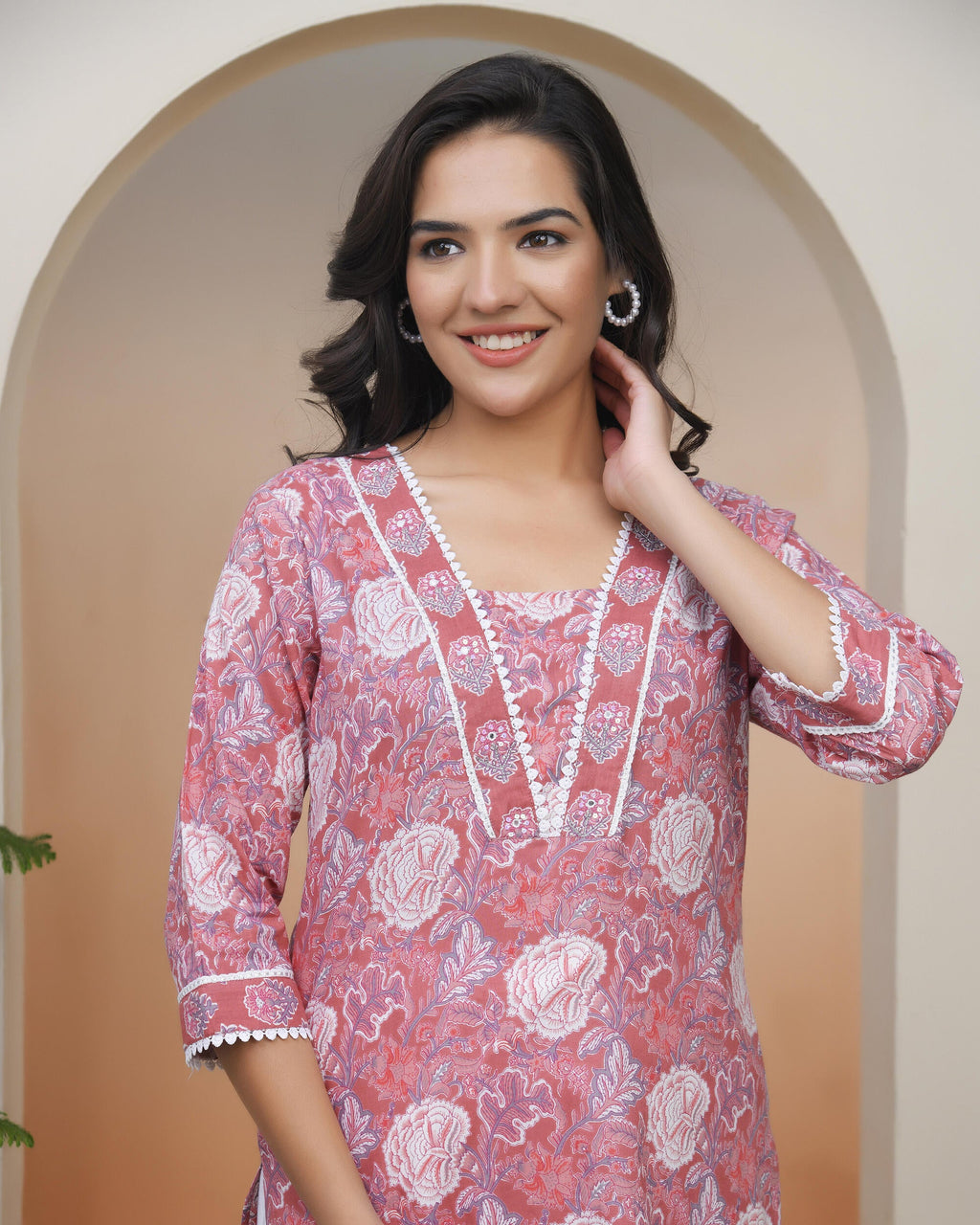 Vaasva Women Nude Pink Cotton Printed Straight Kurti | Grocsy