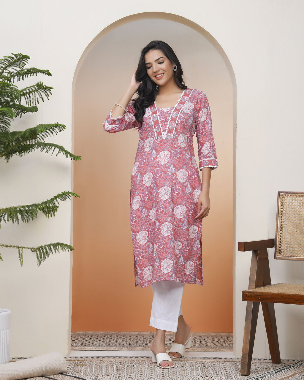 Vaasva Women Nude Pink Cotton Printed Straight Kurti | Grocsy