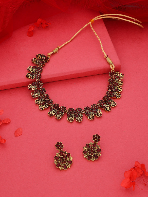 Tehzeeb Creations Luxurious Gold Polished Maroon Colour Choker Necklace Set With Matching Earrings | Grocsy