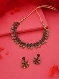 Tehzeeb Creations Luxurious Gold Polished Maroon Colour Choker Necklace Set With Matching Earrings | Grocsy